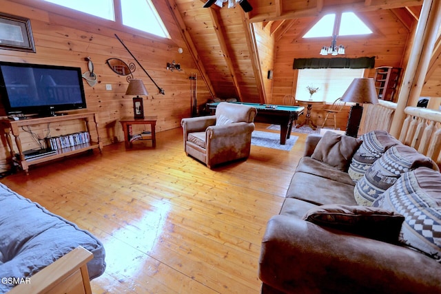 1946 Cougar Crossing Way Bear Country Retreat, Bear Country Retreat, Sevierville, TN 37862 - living area featuring light wood-type flooring, billiards, wooden walls, and lofted ceiling with beams