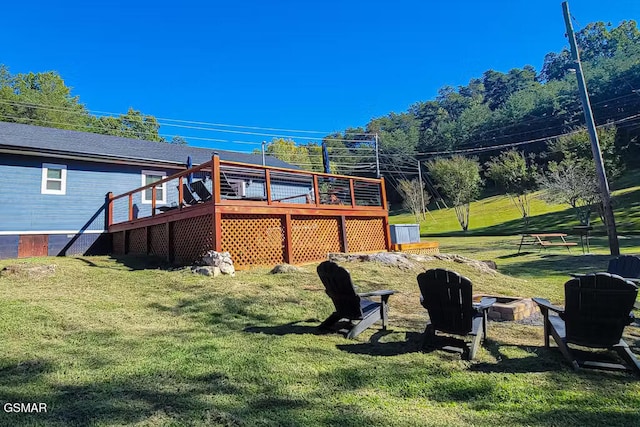 3149 Mutton Hollow Rd, Kodak, TN 37764 - view of green lawn with a deck, an outdoor fire pit, and stairway