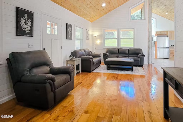 3149 Mutton Hollow Rd, Kodak, TN 37764 - living room featuring wood ceiling, light wood finished floors, and high vaulted ceiling