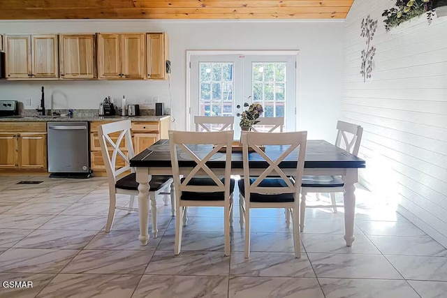 3149 Mutton Hollow Rd, Kodak, TN 37764 - dining area with light marble finish flooring, french doors, and wooden ceiling