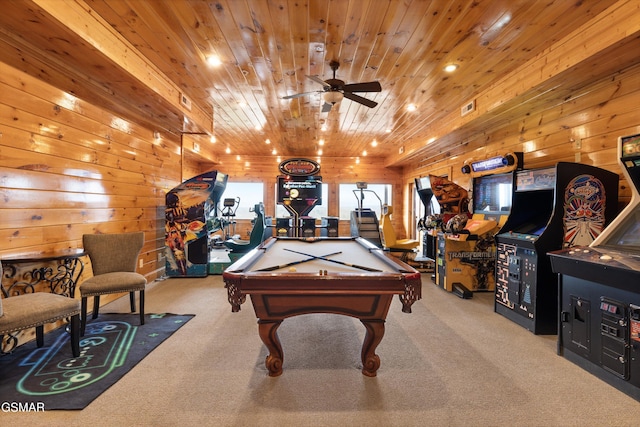 rec room featuring wooden walls, billiards, light colored carpet, ceiling fan, and wooden ceiling