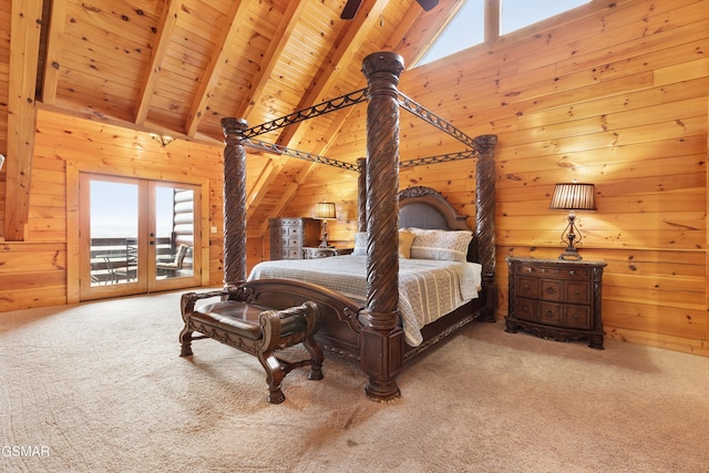 bedroom featuring beamed ceiling, wooden walls, high vaulted ceiling, and wooden ceiling