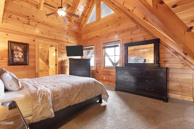 carpeted bedroom featuring high vaulted ceiling, a skylight, ceiling fan, wood ceiling, and beam ceiling