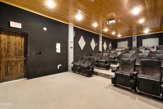 cinema with wooden ceiling and carpet flooring