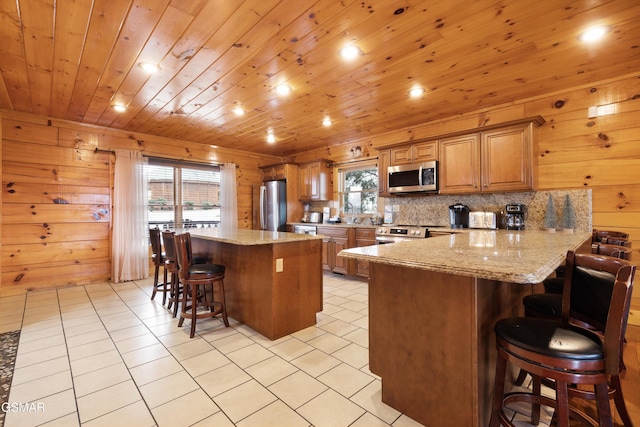 kitchen featuring kitchen peninsula, stainless steel appliances, a kitchen breakfast bar, and a healthy amount of sunlight