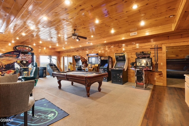 game room featuring pool table, wooden ceiling, and ceiling fan