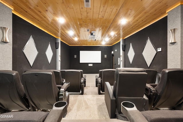 cinema with light colored carpet and wooden ceiling