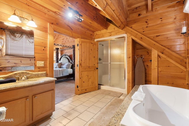 bathroom with vaulted ceiling, plus walk in shower, wood walls, vanity, and wooden ceiling