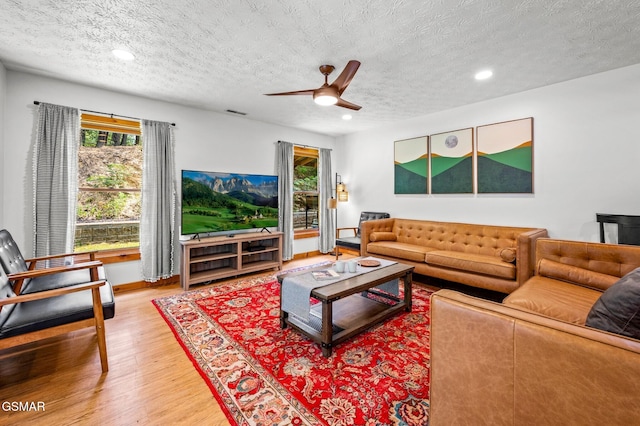 2489 Upper Middle Creek Rd, Sevierville, TN 37876 - living area featuring wood finished floors, a textured ceiling, ceiling fan, and recessed lighting