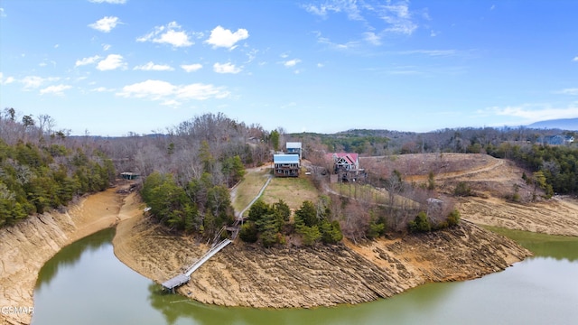 bird's eye view with a water view and a wooded view