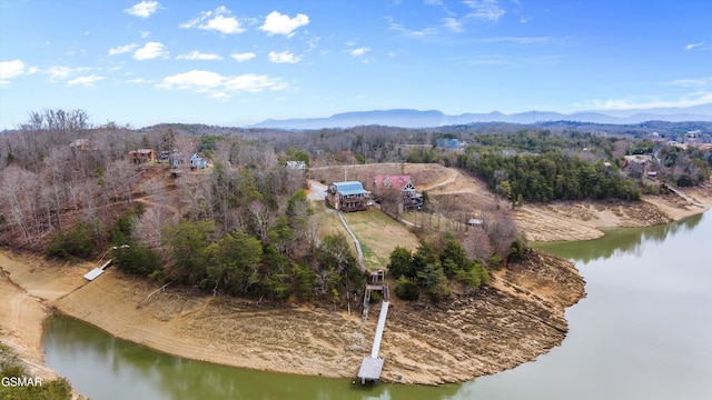 bird's eye view featuring a forest view and a water and mountain view