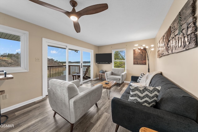 living room with baseboards, a healthy amount of sunlight, and wood finished floors