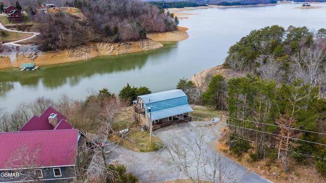 drone / aerial view featuring a water view