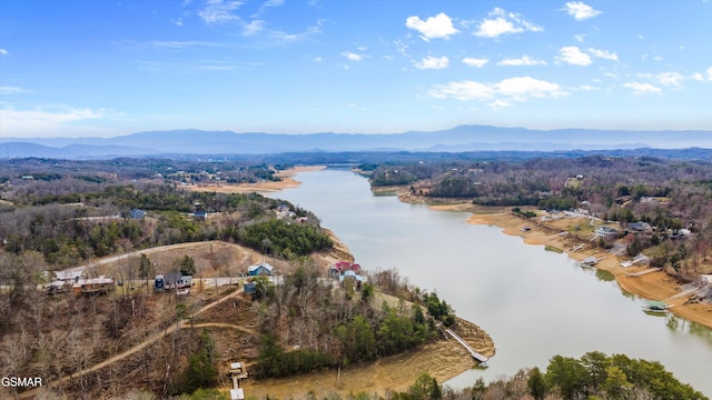 aerial view featuring a view of trees and a water and mountain view