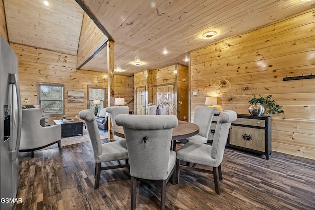 2125 Eagle Feather Dr, Sevierville, TN 37876 - dining room with wood walls, dark wood-type flooring, wood ceiling, and recessed lighting
