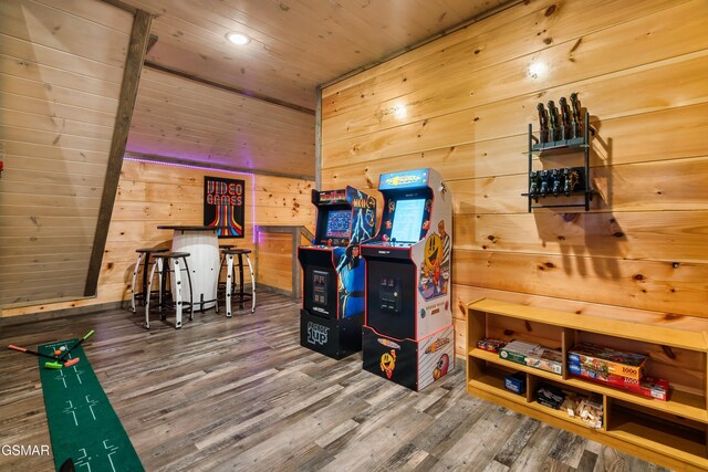 2125 Eagle Feather Dr, Sevierville, TN 37876 - game room featuring wood finished floors, wooden walls, recessed lighting, and wood ceiling