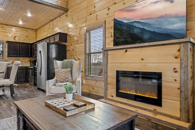 2125 Eagle Feather Dr, Sevierville, TN 37876 - living room with wooden walls, healthy amount of natural light, dark wood finished floors, a glass covered fireplace, and wood ceiling