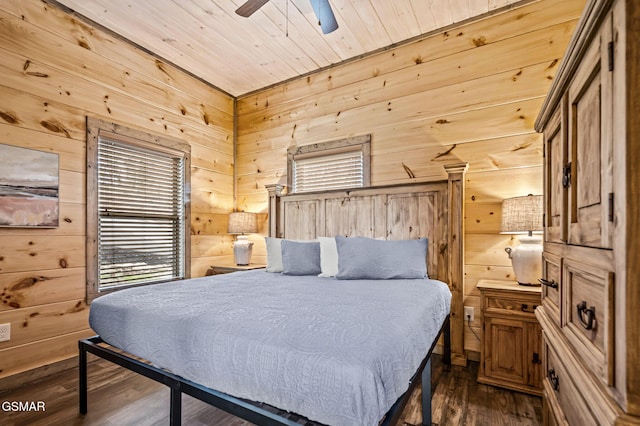 2125 Eagle Feather Dr, Sevierville, TN 37876 - bedroom featuring wood walls, dark wood-style floors, a ceiling fan, and wood ceiling