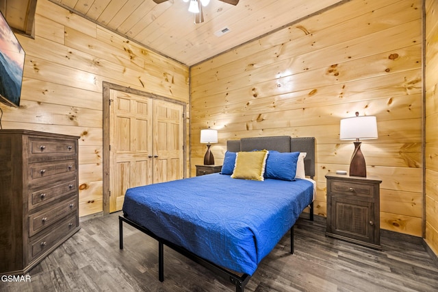 2125 Eagle Feather Dr, Sevierville, TN 37876 - bedroom with wood finished floors, wooden walls, wooden ceiling, baseboards, and ceiling fan
