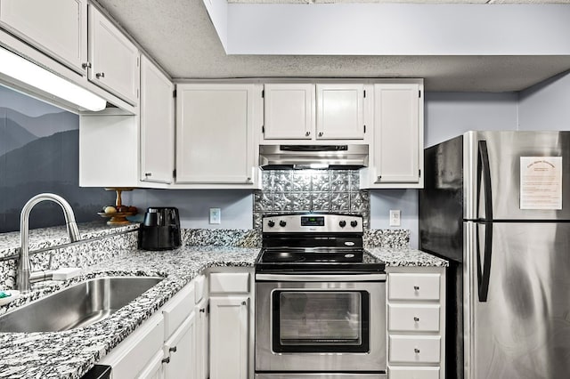 kitchen featuring light stone countertops, sink, white cabinets, and stainless steel appliances