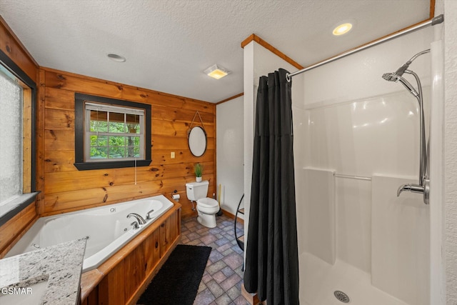 380 Laurel Rd, Townsend, TN 37882 - full bath featuring wooden walls, toilet, a whirlpool tub, a shower with curtain, and a textured ceiling