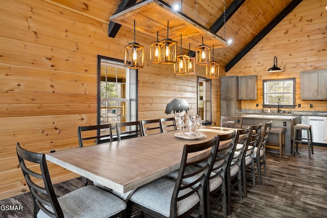 dining room with wooden ceiling, wooden walls, dark wood-style floors, and beamed ceiling