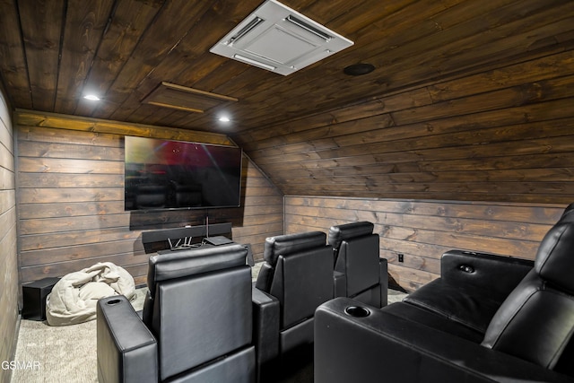 cinema room with recessed lighting, lofted ceiling, wooden walls, and wood ceiling