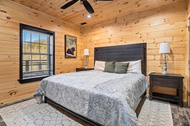 bedroom with a ceiling fan, wooden ceiling, wooden walls, and wood finished floors