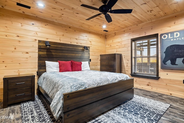 bedroom featuring wood finished floors, recessed lighting, wood ceiling, and wood walls