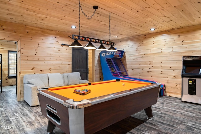 game room featuring recessed lighting, wood ceiling, and wood finished floors