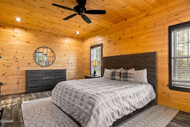 bedroom featuring wood finished floors, wooden walls, recessed lighting, and wood ceiling