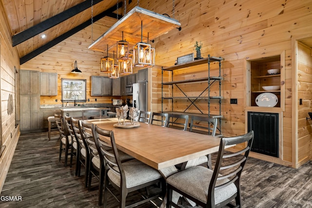 dining area featuring beam ceiling, wooden walls, high vaulted ceiling, and dark wood-style flooring