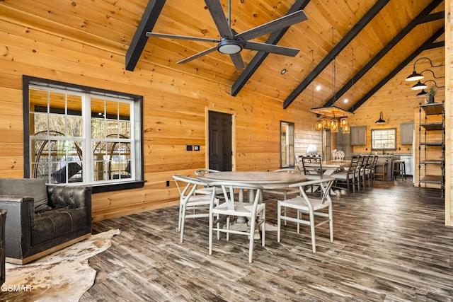 dining room with beamed ceiling, wooden ceiling, and wooden walls