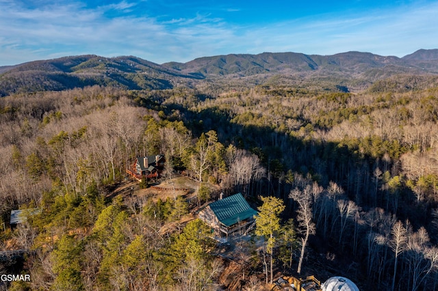 drone / aerial view with a mountain view and a forest view