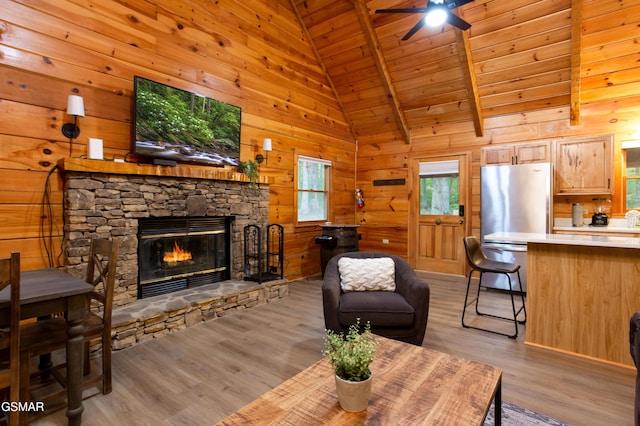 2069 Little Creek Way, Sevierville, TN 37862 - living room featuring healthy amount of natural light, light wood-type flooring, a fireplace, ceiling fan, and wood ceiling