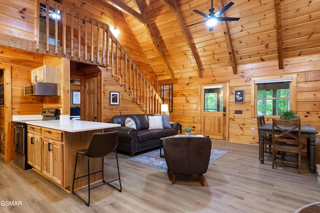 2069 Little Creek Way, Sevierville, TN 37862 - living room featuring wooden walls, light wood-type flooring, wood ceiling, beam ceiling, and stairway