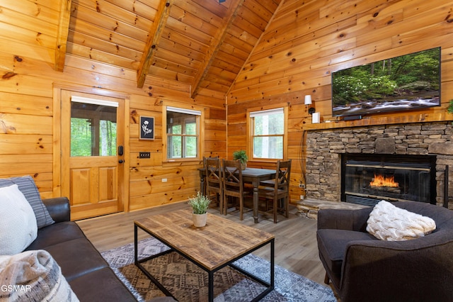 2069 Little Creek Way, Sevierville, TN 37862 - living area featuring wood ceiling, wood finished floors, a fireplace, and wood walls