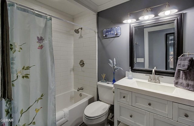 bathroom with toilet, vanity, shower / tub combo, and ornamental molding