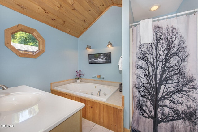 bathroom with tile patterned floors, lofted ceiling, sink, wood ceiling, and a bathing tub