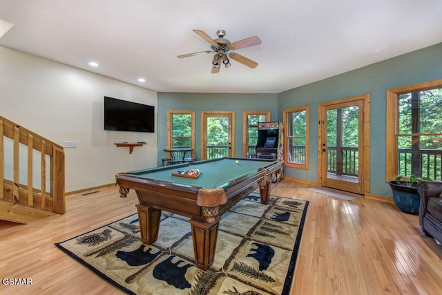 rec room with billiards, ceiling fan, and light hardwood / wood-style flooring