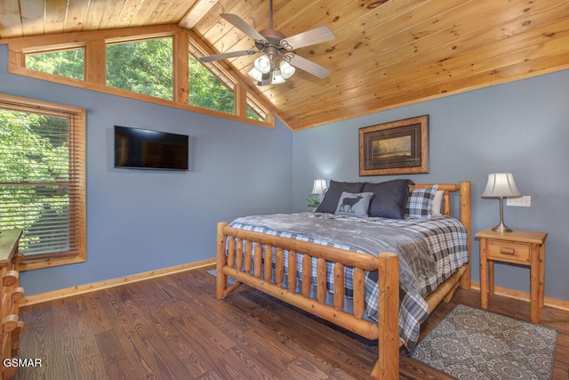 bedroom featuring ceiling fan, high vaulted ceiling, dark wood-type flooring, and wood ceiling