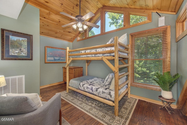 bedroom with wood ceiling, dark hardwood / wood-style flooring, and multiple windows