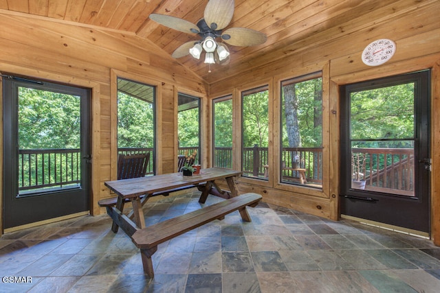 sunroom featuring ceiling fan, lofted ceiling, and wooden ceiling