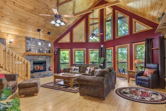 living room featuring a stone fireplace, wood ceiling, high vaulted ceiling, ceiling fan, and hardwood / wood-style floors