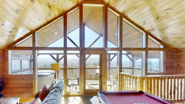 2022 Starr Crest Dr, Sevierville, TN 37876 - game room featuring pool table, high vaulted ceiling, wood ceiling, and wood walls