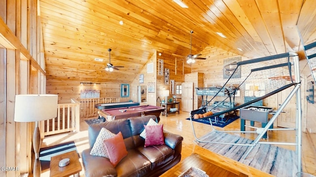2022 Starr Crest Dr, Sevierville, TN 37876 - playroom with ceiling fan, pool table, wooden walls, wood ceiling, and wood finished floors