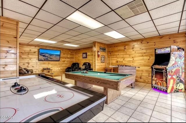 929 Smoky Ct, Gatlinburg, TN 37738 - rec room featuring a drop ceiling, light tile patterned floors, wooden walls, and pool table