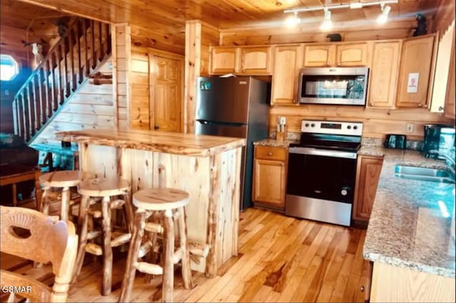 929 Smoky Ct, Gatlinburg, TN 37738 - kitchen with appliances with stainless steel finishes, a sink, light wood-style floors, track lighting, and wood ceiling