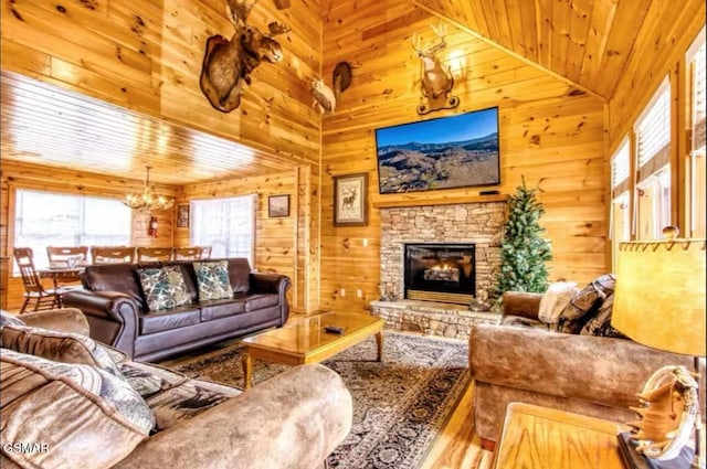 929 Smoky Ct, Gatlinburg, TN 37738 - living room featuring a chandelier, wooden walls, a fireplace, wood ceiling, and wood finished floors