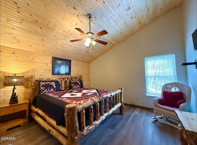 929 Smoky Ct, Gatlinburg, TN 37738 - bedroom featuring vaulted ceiling, wood finished floors, wood ceiling, wood walls, and ceiling fan